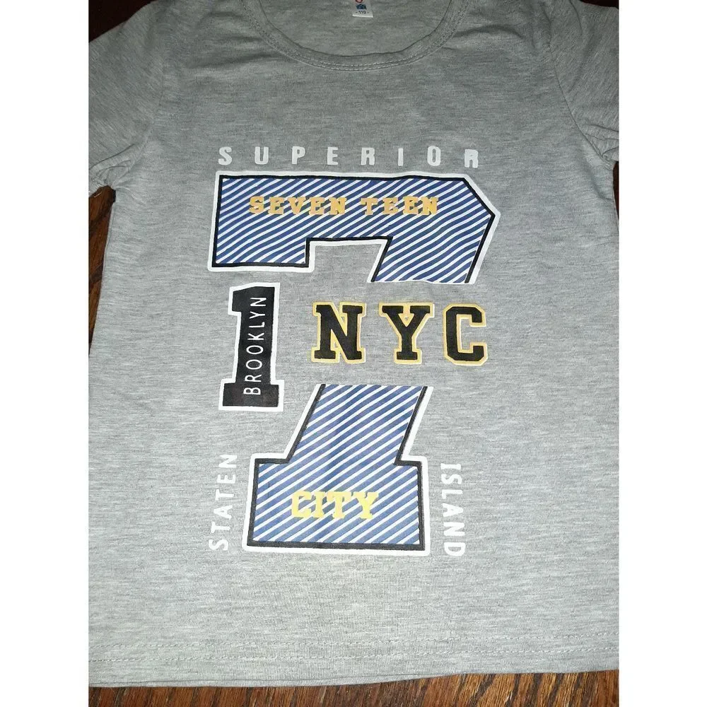 New Boy's 110 (4T) Grey Blue New York Short Sleeve Crew Neck Tee T-Shirt Top